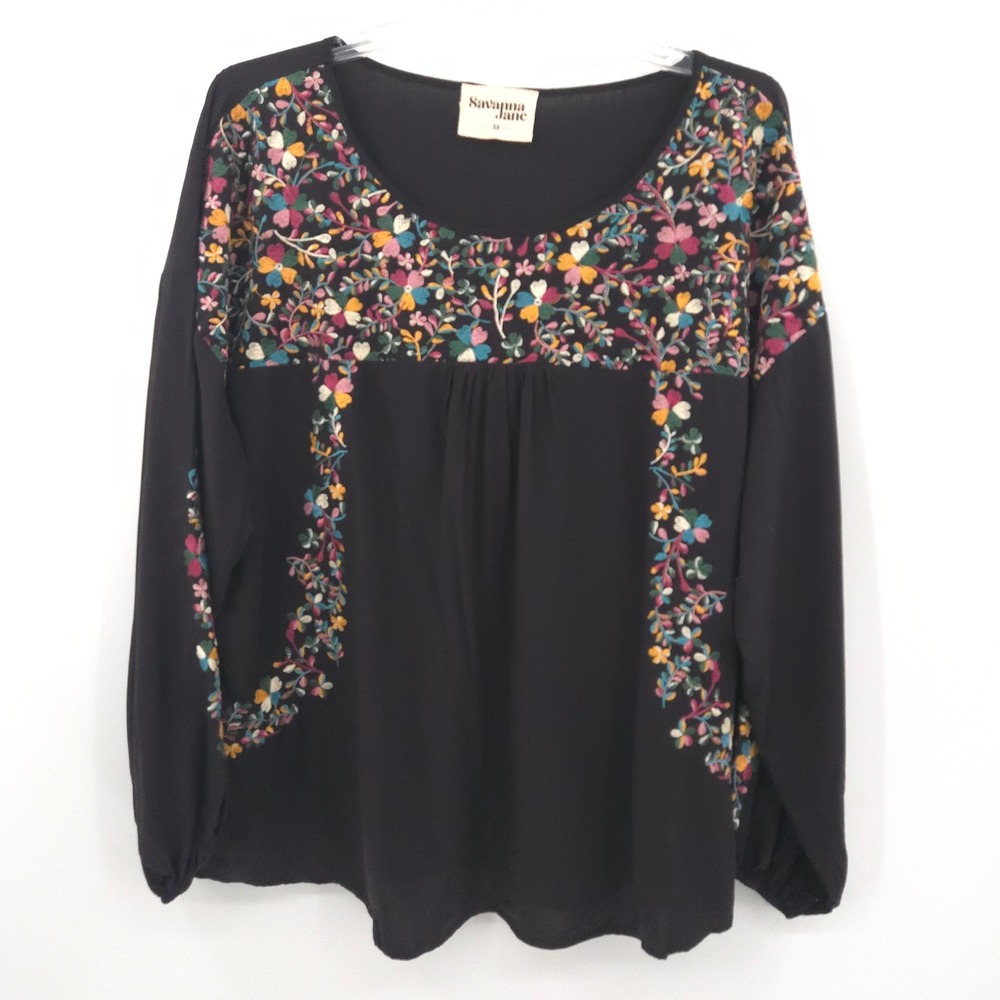 Savanna Jane Embroidered Top Women 3X Black Floral Boho Rayon Top
